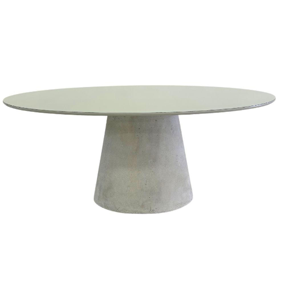 Mesa De Jantar Cone Oval 198x122 Cm Tampo Off White + Vidro Base Concreto Cinza