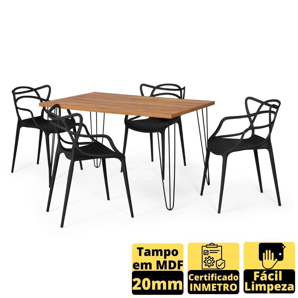 Conjunto Mesa De Jantar Retangular Hairpin Natural 130x80cm Com 4 Cadeiras Allegra - Preto