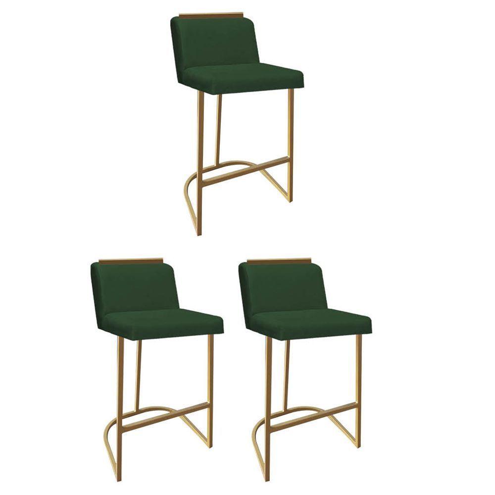 Miniatura Kit 03 Banquetas Com Encosto Confort Bistrô Cozinha Ferro Dourado Suede Verde Amey Decor