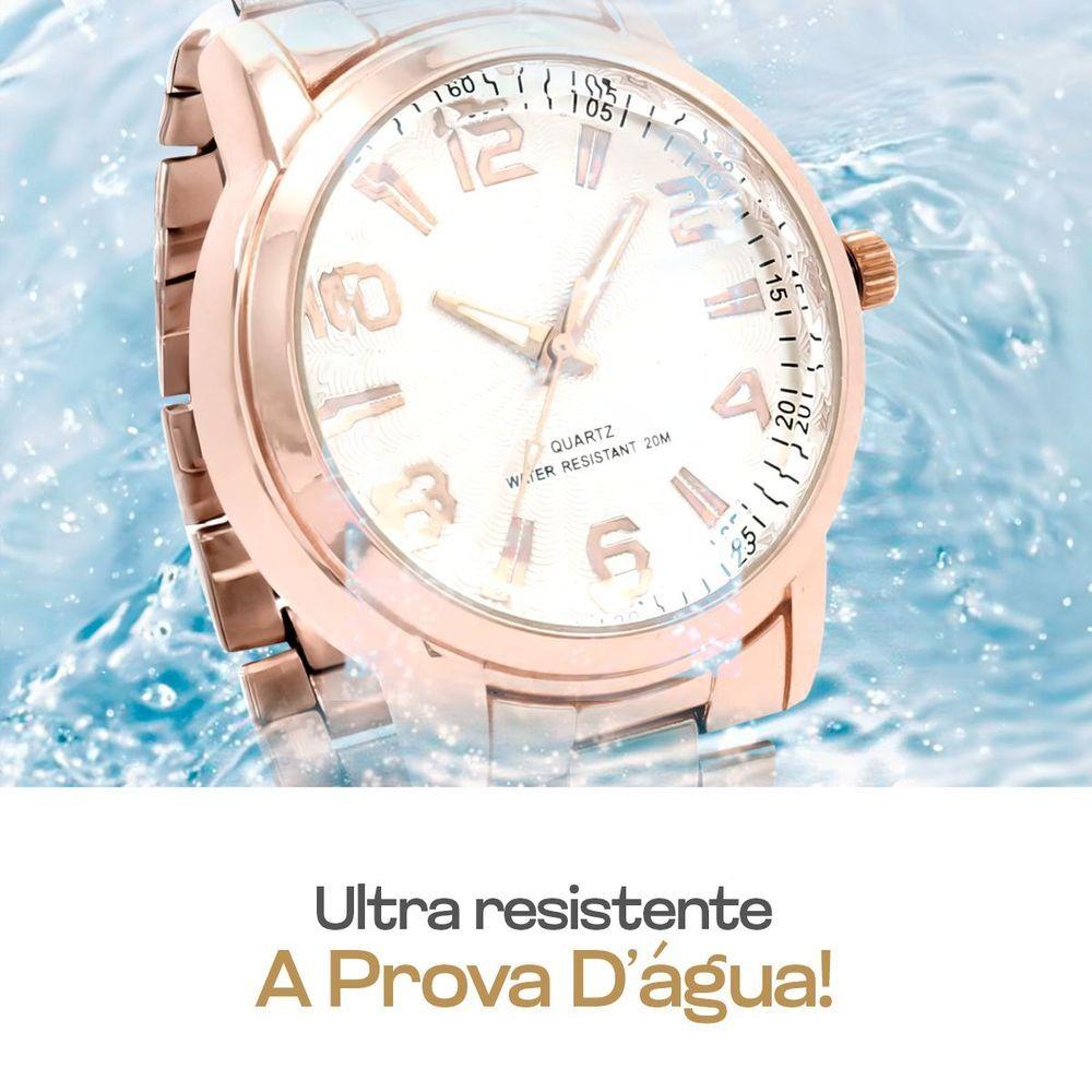 Relogio Banhado Rose Feminino + Caixa + Brincos Strass Colar Aço Inox Resistente Presente Ponteiro