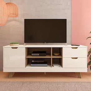 Miniatura Rack Michigan Artely com 2 gavetas e 4 nichos para TVs de até 65 polegadas Off White e Carvalho