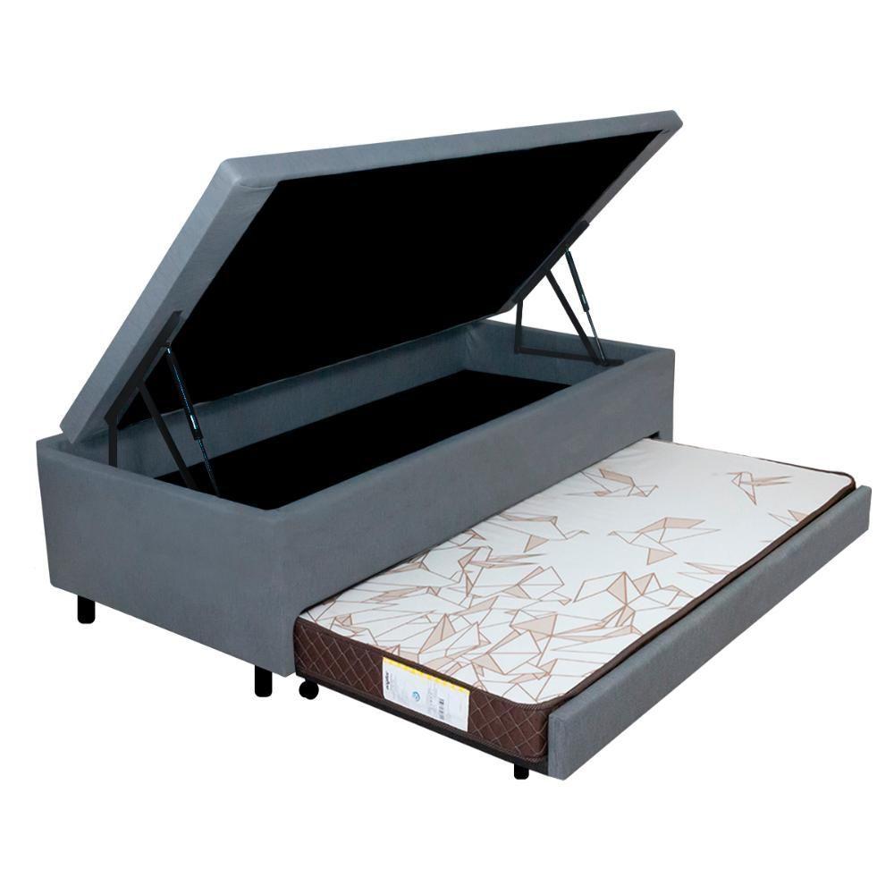 Miniatura Bicama Box Com Baú Solteiro 88x188 Com Colchão Auxiliar Linho Cinza