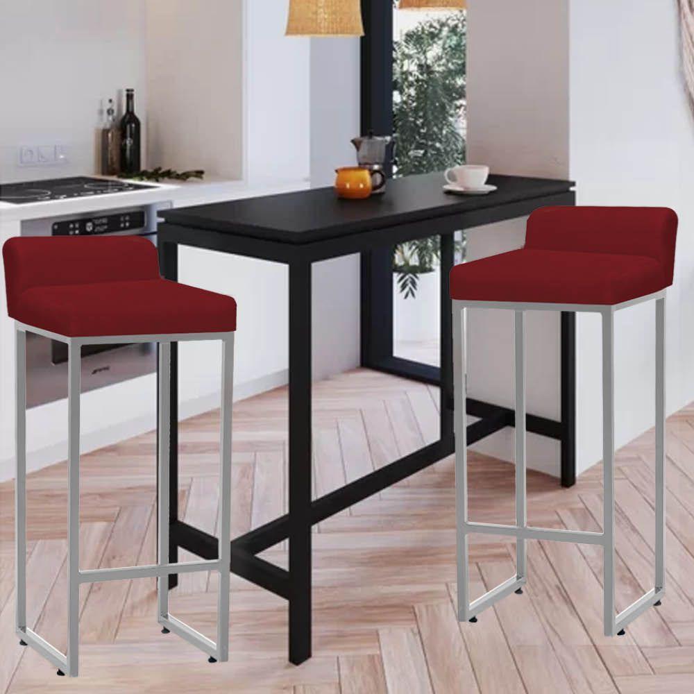 Miniatura Kit 03 Banqueta Alta Mia Cozinha Bistrô Bar Balcão Ferro Prata Sintético Vermelho