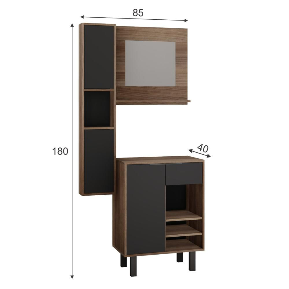 Miniatura Gabinete para Banheiro com Armário Suspenso e Espelheira Kira Estilare Preto/Amadeirado