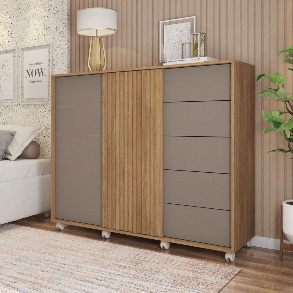 Cômoda Com 5 Gavetas 2 Portas Pegasus Com Rodízios Caemmun Buriti Ripado/ Fendi