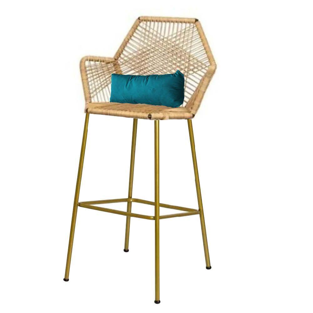 Miniatura Banqueta Alta Com Encosto Ferro Dourado Fibra Palha Almofada Azul Turquesa