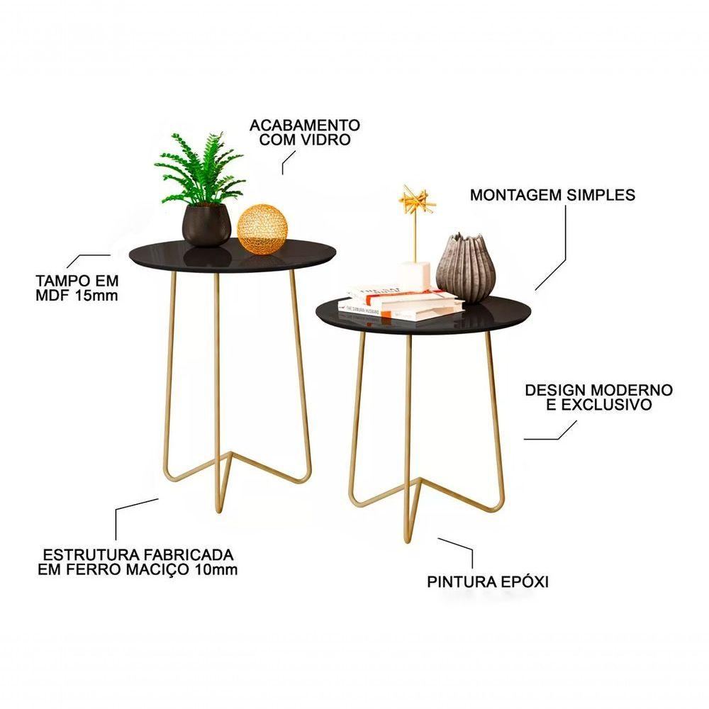 Miniatura Mesas Laterais Roma Dourado Com Vidro 60-50 Industrial - Preto