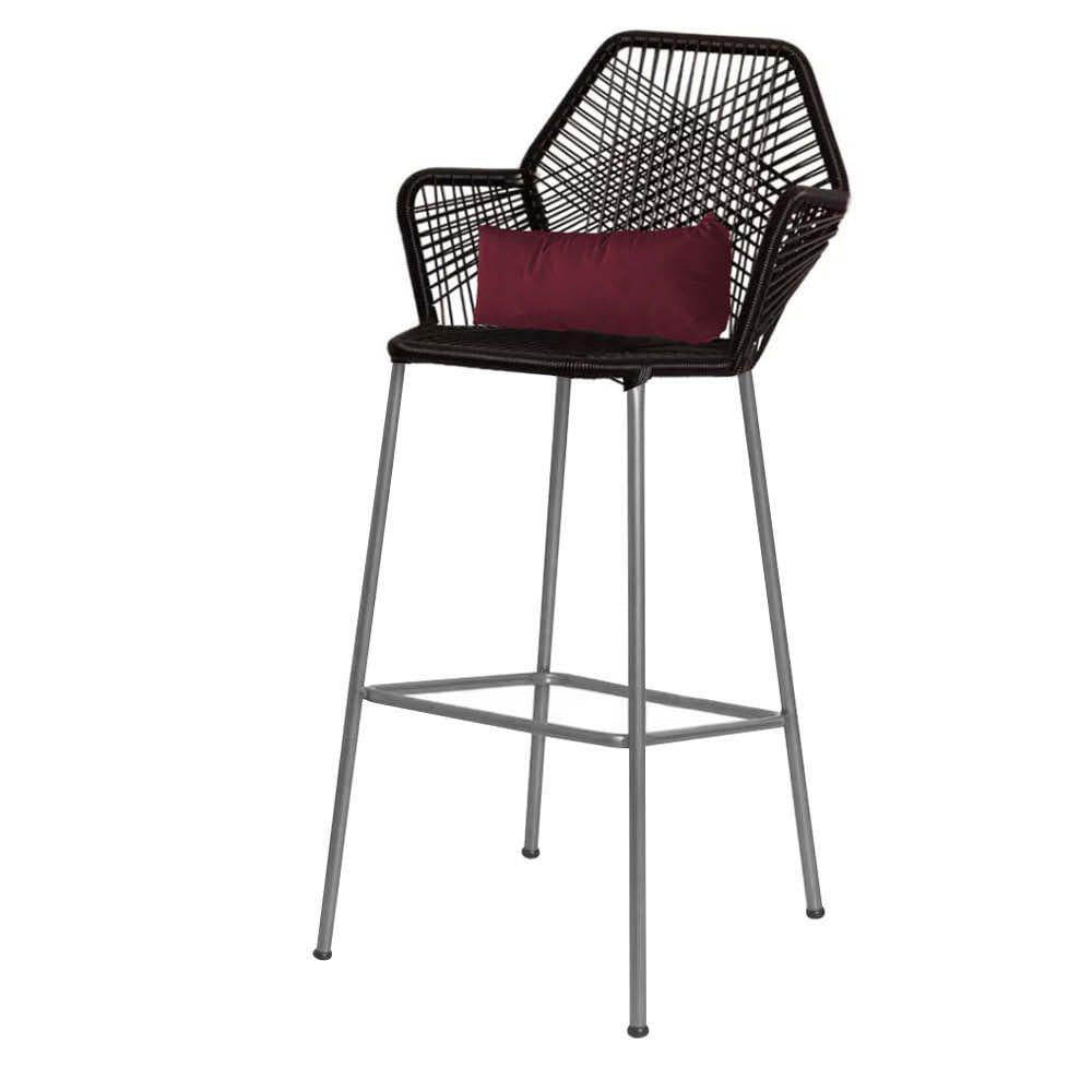 Miniatura Banqueta Alta Com Encosto Ferro Prata Fibra Preto Almofada Bordô