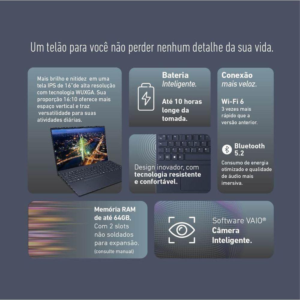 Notebook Vaio FE16 AMD® Ryzen 7-5825U Windows 11 Home 32GB RAM 512GB SSD 16 IPS Wuxga - Cinza Grafite