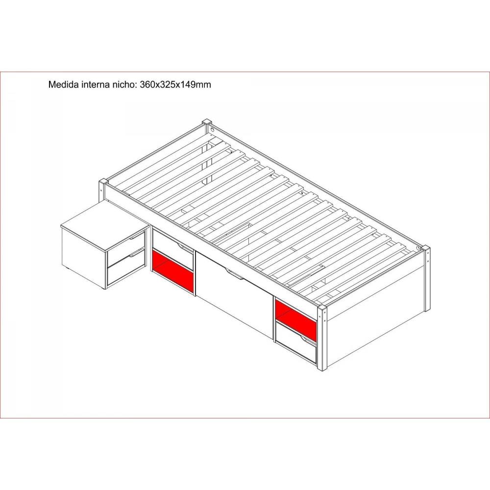 Miniatura Cama Solteiro com 3 Gavetas e 1 Mesa de Cabeceira Charme Inter Link Branco Lavado