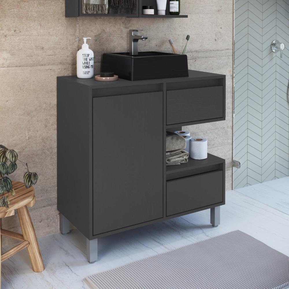 Miniatura Gabinete para Banheiro 80cm 2 Gavetas 1 Porta 1 Nicho sem Cuba Paula Grafite