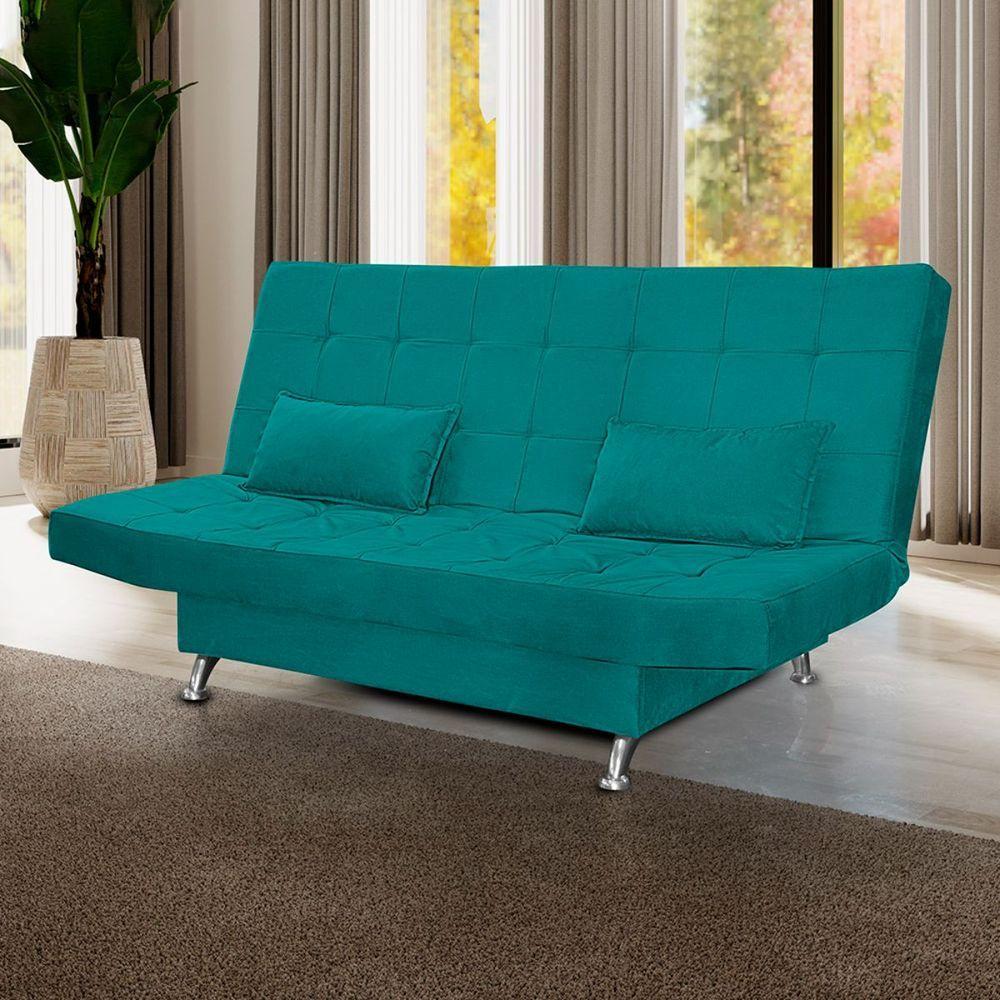 Miniatura Sofá Cama Casal Com Almofadas Califórnia Suede Azul Turquesa