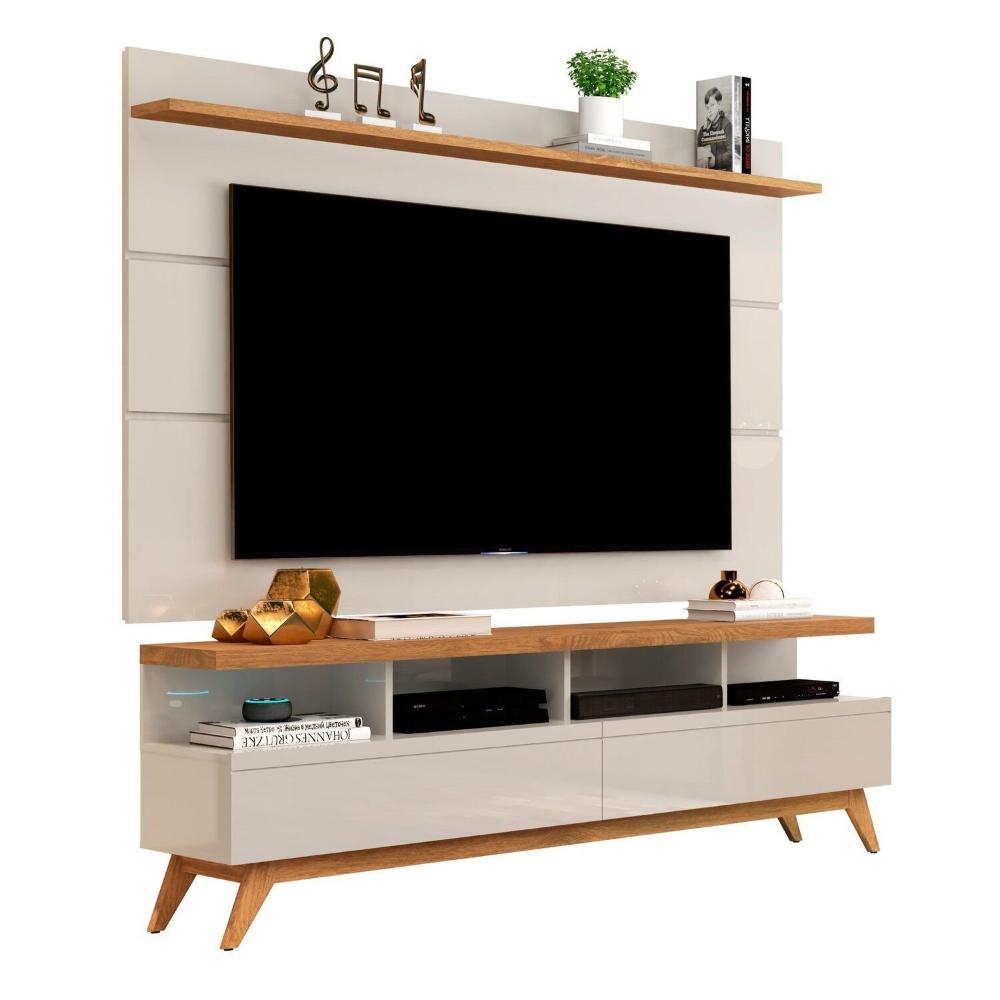 Miniatura Rack com Painel para Tv até 60 Polegadas Pés em Madeira Maciça Off White/Nature