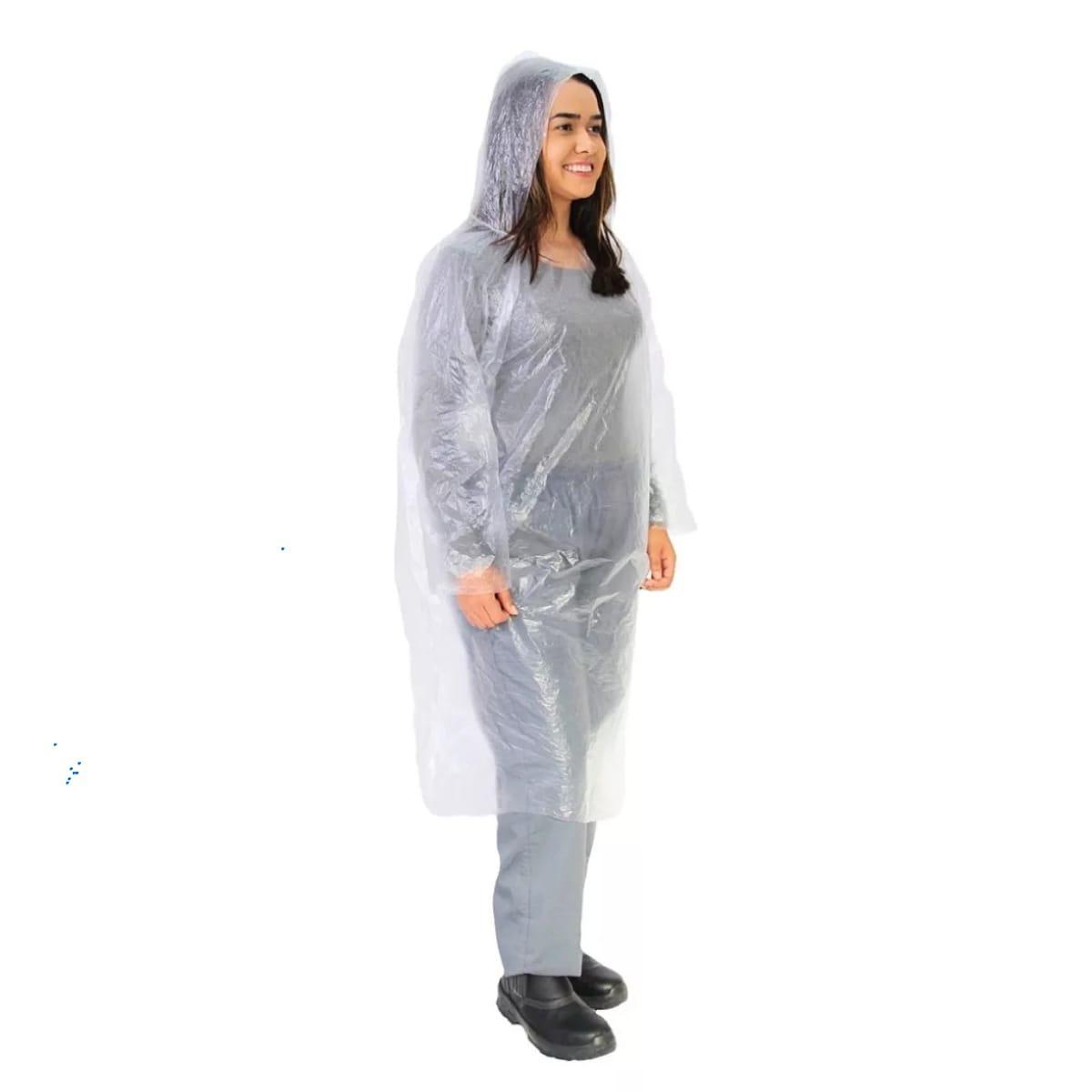 50 Capas De Chuva Descartavel Transparente Com Capuz Unissex