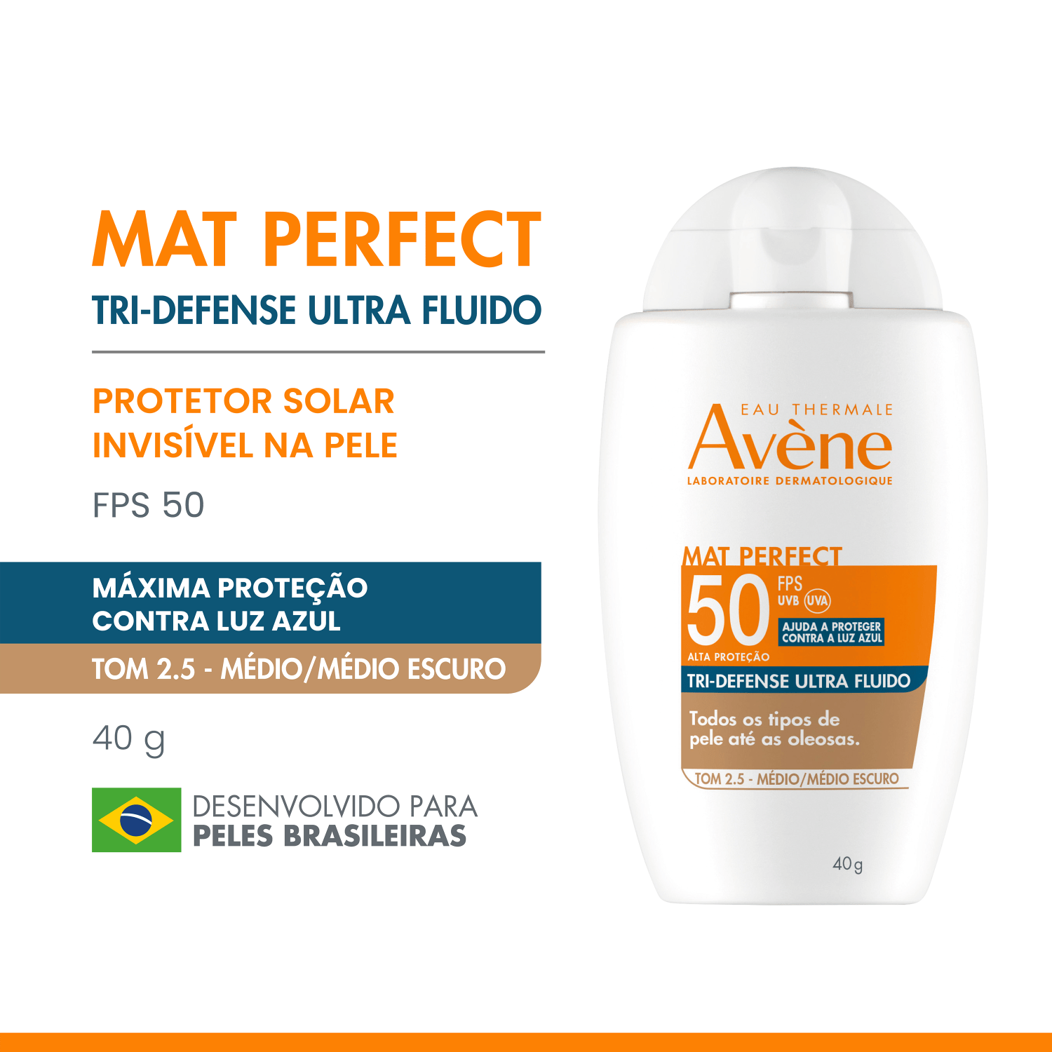 Miniatura Avène Mat Perfect Tri-Defense Ultra Fluido FPS 50 2.5 Médio/Médio Escuro - Protetor Solar Facial com Cor 40g