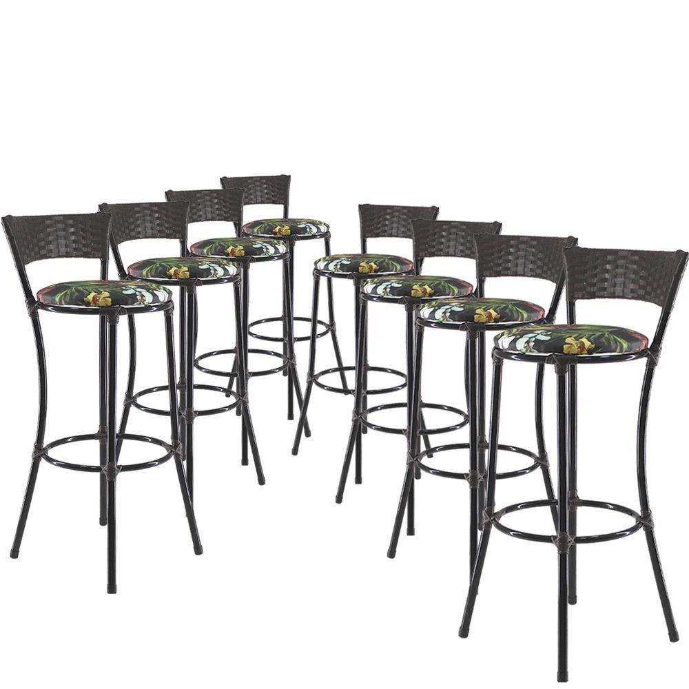 Miniatura Jogo Com 8 Banquetas Altas Forts Fibra Uv Bancada, área Goumert, Bar, Piscina, Balcão, Floral Preto
