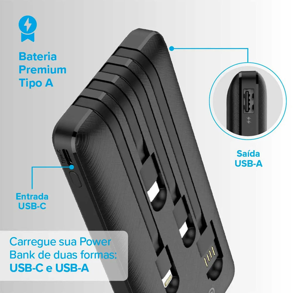 Carregador Portátil (Power Bank) 10000mAh 4 em 1 com Cabos Acoplados (Micro USB, USB-C, Lightning E USB-A) I2GO Plus Preto - Bivolt