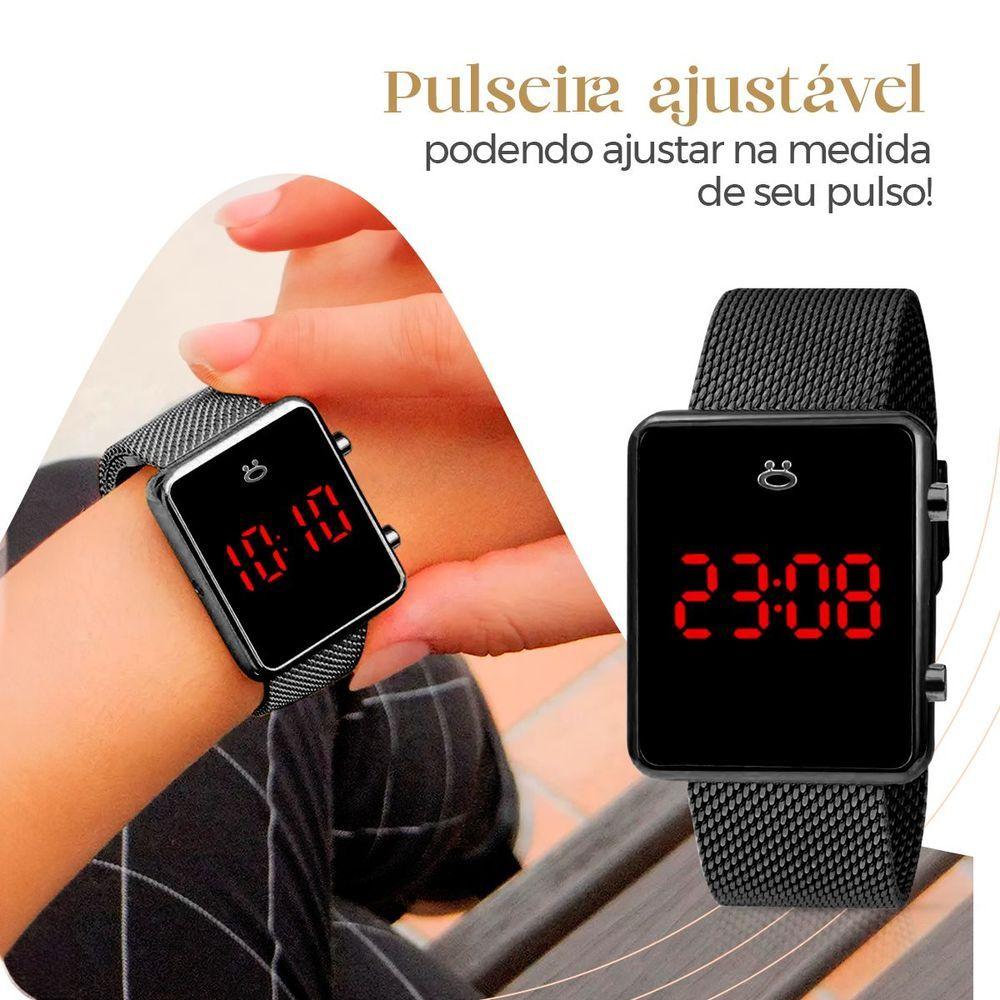Relogio Preto Digital Feminino + Brincos + Colar Strass Quadrado Casual Pulseira Ajustável Presente