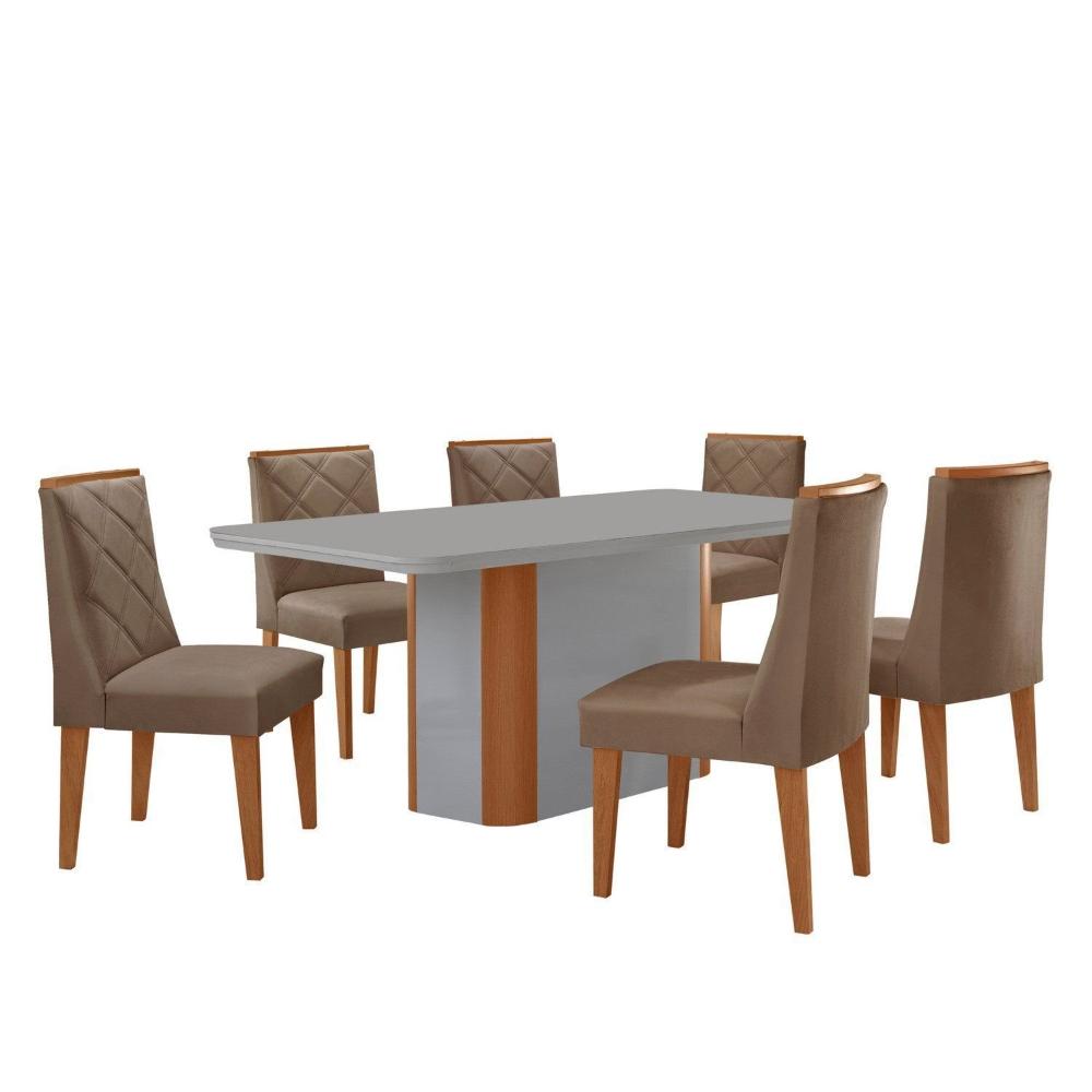 Miniatura Mesa 180cm Tampo Mdf/vidro Canto Copo 6 Cadeiras Ester Capuccino/Naturalle/Off White