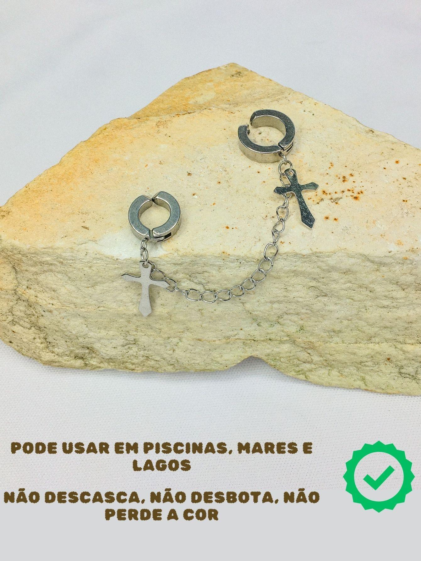 Brinco Argola Prata Masculino Feminino Pressão Corrente Cruz