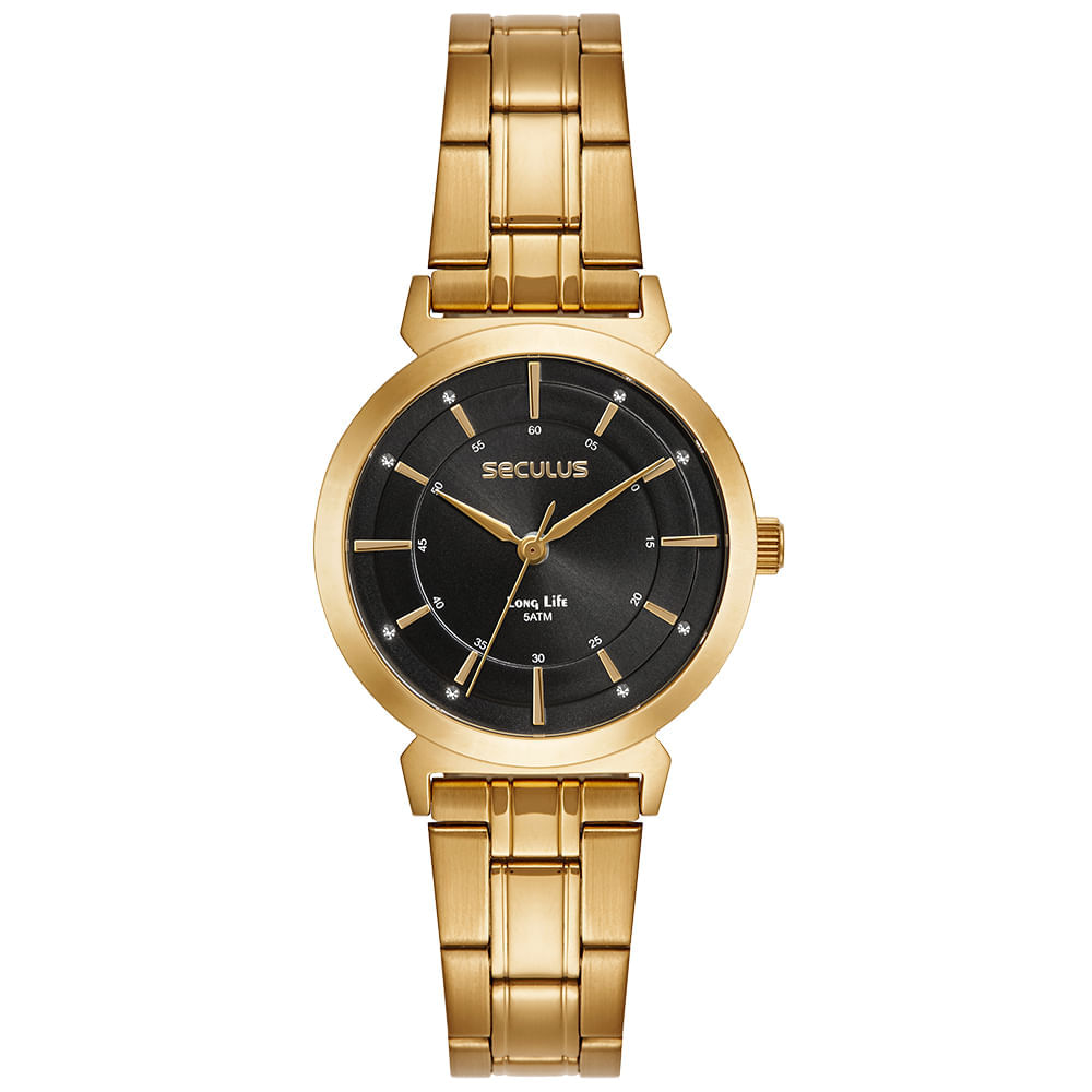 Relogio Feminino Aço Dourado Mostrador Preto