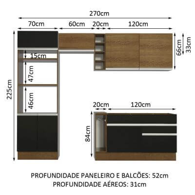 Cozinha Completa Madesa Jade com Armário e Balcão (Sem Tampo e Pia) Rustic/Preto/Rustic Cor:Rustic/Preto/Rustic