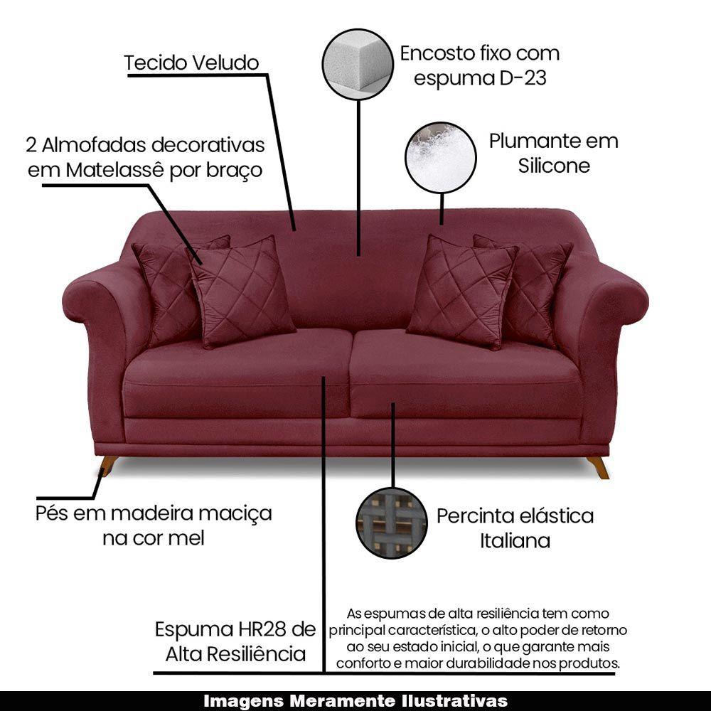 Sofá 160cm 2 Lugares Com 4 Almofadas Veludo Vinho