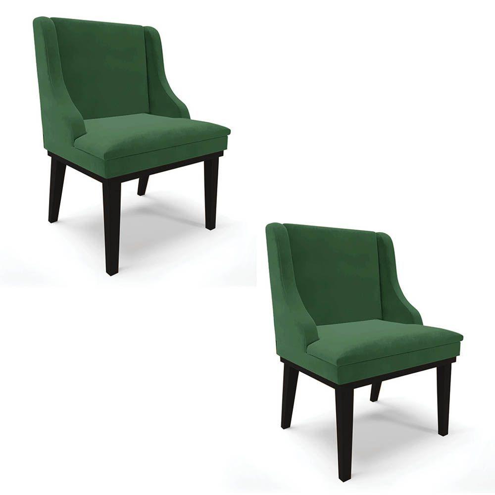 Miniatura Kit 2 Cadeiras Estofadas Para Sala De Jantar Base Fixa De Madeira Preto Lia Veludo Verde - Ibiza