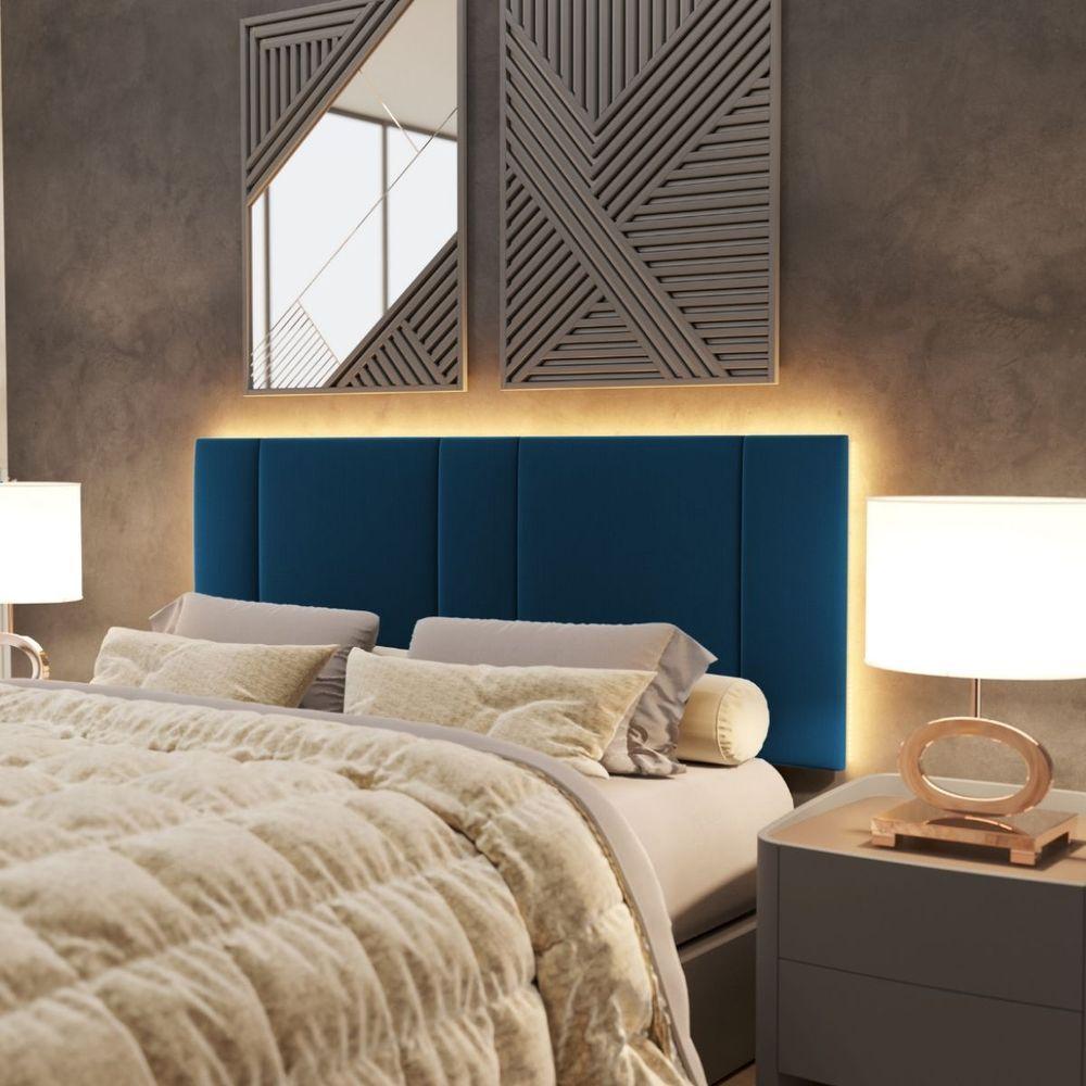 Cabeceira Estofada Cama Casal Queen Size Led Star 160 Cm Bivolt veludo Azul Marinho