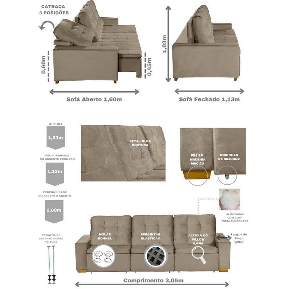 Sofá Modular 6 Lugares Retrátil E Reclinável 3.05M Bege
