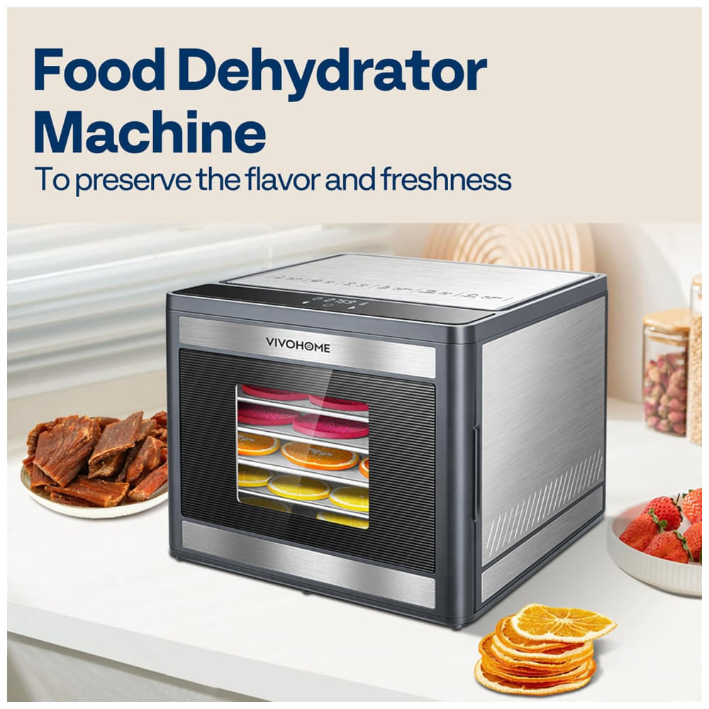 Miniatura Desidratador de Alimentos VIVOHOME, 6 Bandejas de Aço Inoxidável, Controle de Temperatura 70°C, Temporizador 48H, 400W 110v