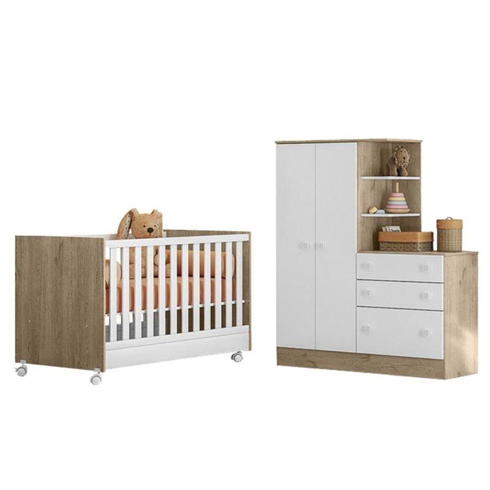 Miniatura Berço E Guarda Roupa Cômoda Soninho Branco/carvalho - Fdecor