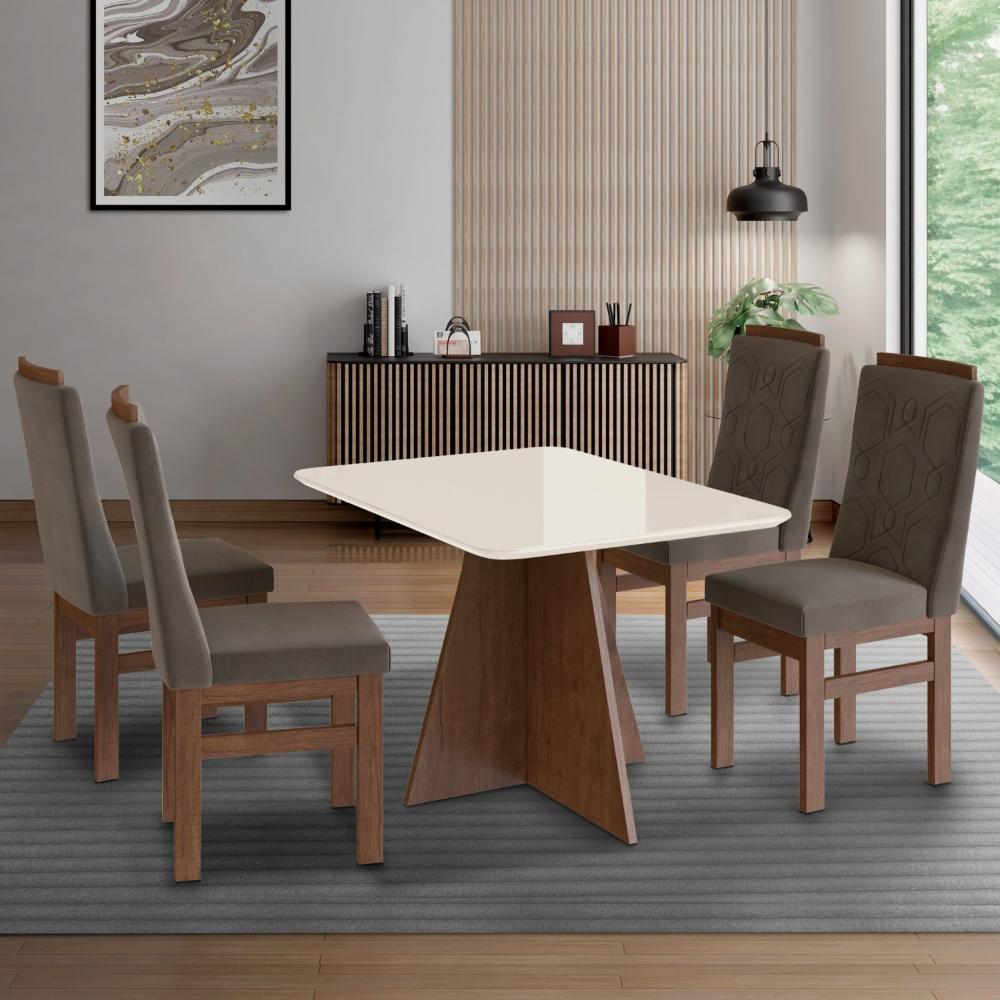 Miniatura Conjunto Sala de Jantar Mesa 90x120cm T Vidro com 4 Cadeiras Madeira Maciça Tabaco/Marrom/Off White