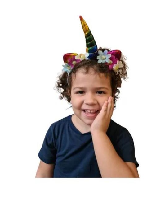 Miniatura Arco Tiara Unicórnio Infantil Metalizado Com Flores