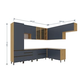 Cozinha Completa de Canto Bartira Cristal com 12 Portas, 9 Gavetas, 15 Prateleiras, 3 Nichos e 300cm de Largura - Lâmina Mel/Azul Royal