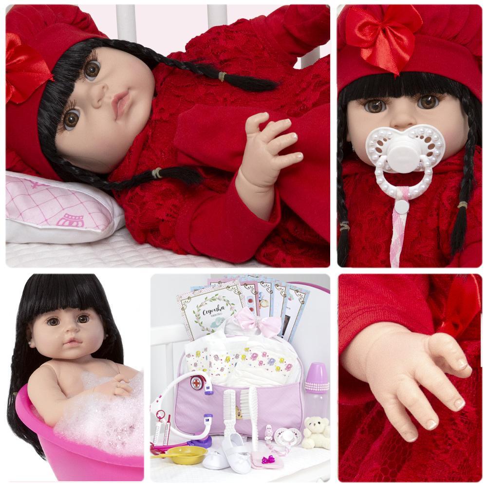 Miniatura Boneca Reborn Realista Morena Vestido Vermelho Enxoval Bolsa