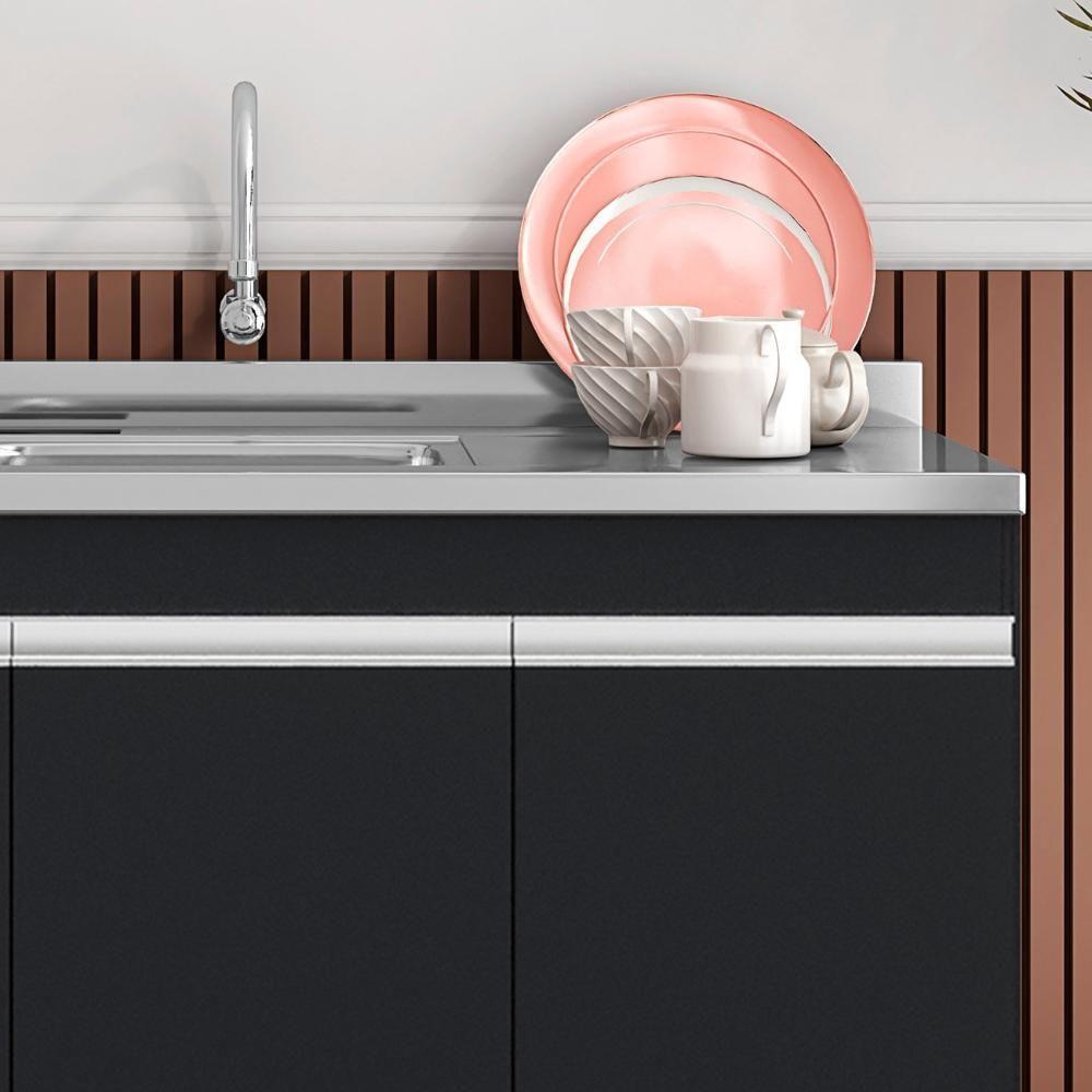 Balcão De Cozinha Com Pia Inox 120cm 3 Portas Manu Preto - Ajl Móveis