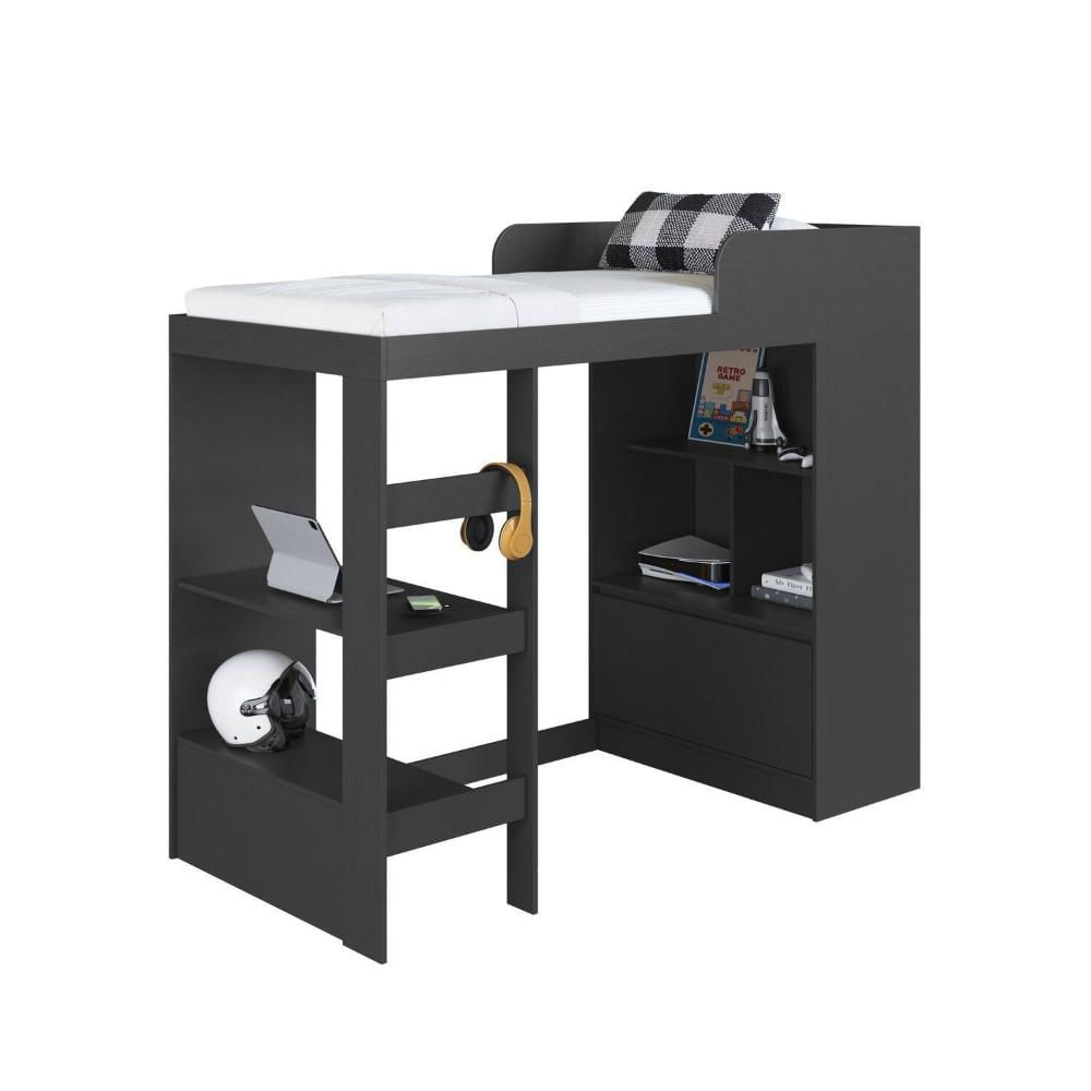 Cama Alta Multifuncional Solteiro com Estante e Escrivaninha 80 Amsterdam Grafite
