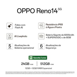 Smartphone OPPO Reno 14 5G Tela 6,59" 512GB Câmera Tripla 50MP Branco