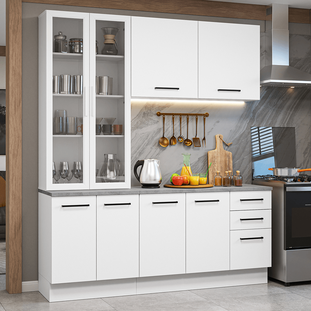 Miniatura Armário de Cozinha Completa 190cm com Cristaleira Branco Agata Madesa 01 Cor:Branco