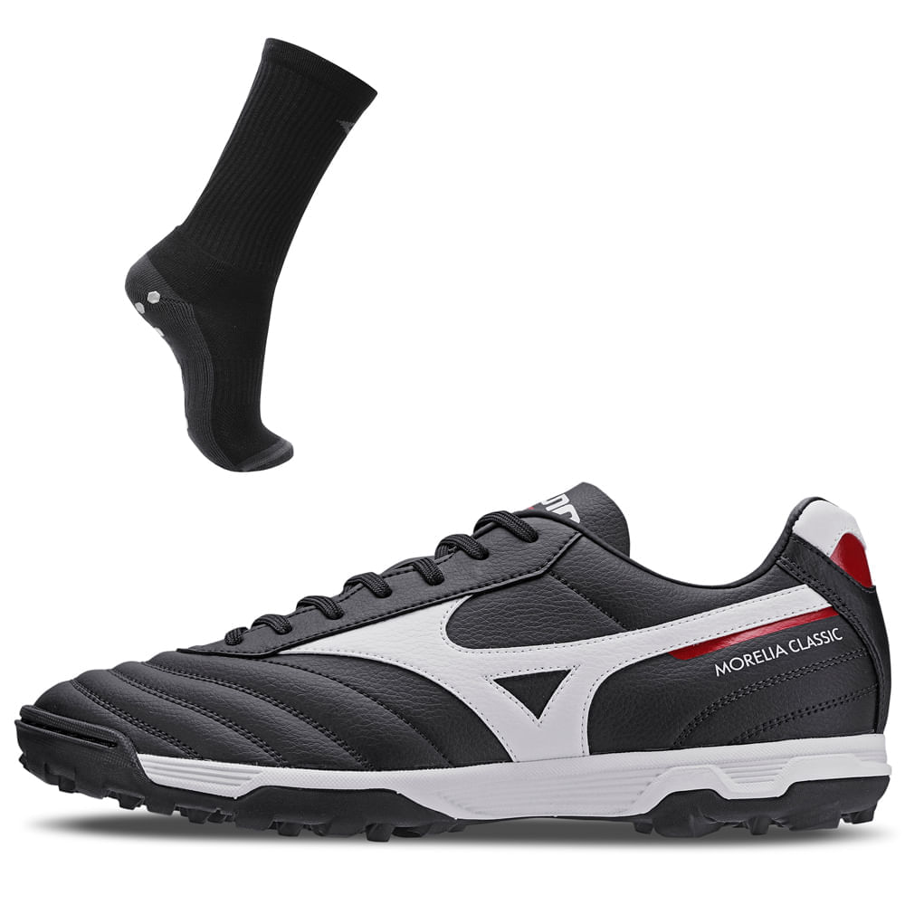 Miniatura Kit 1 Chuteira Society Masculina Mizuno Morelia Classic As e 1 Meia Antiderrapante Cano Médio Preto - 38