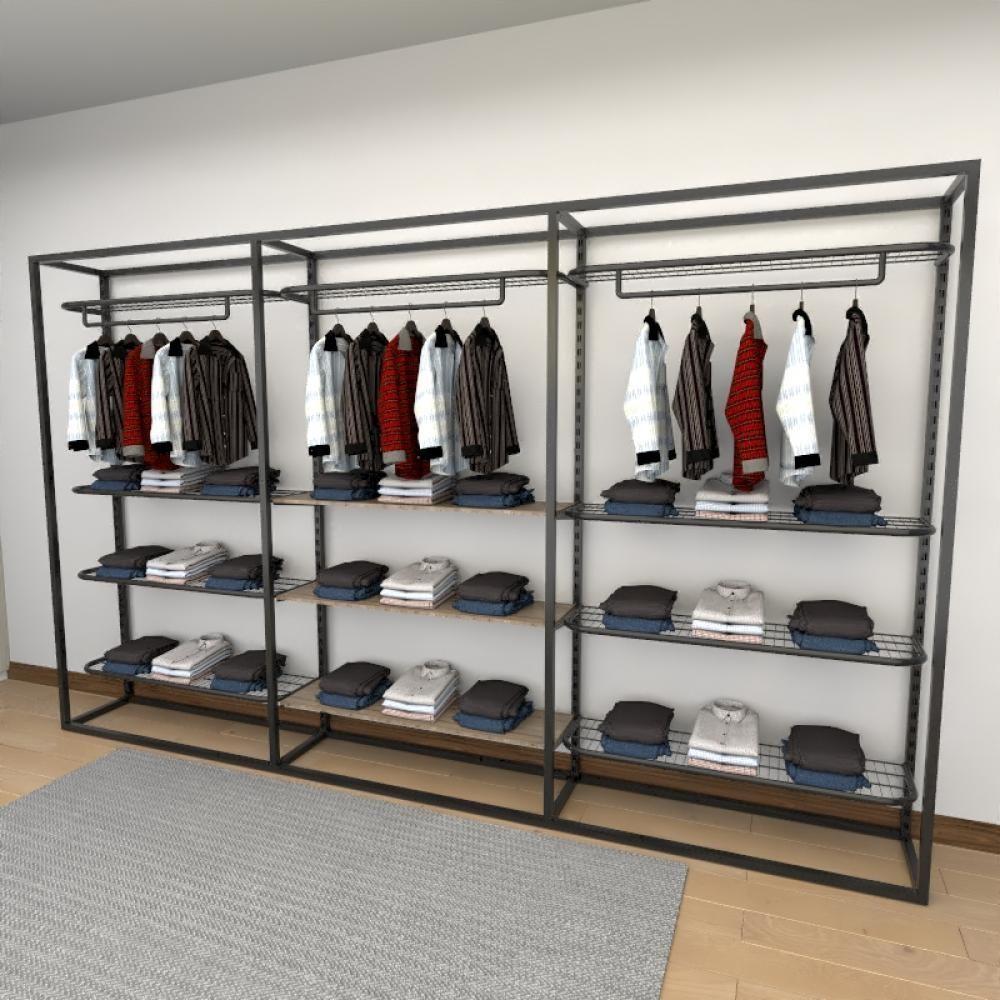 Miniatura Closet Araras, Guarda Roupas Aberto Industrial Com 21 Peças Preto E Amadeirado Fdprae165