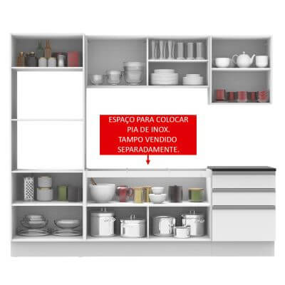 Cozinha Completa Madesa 100% MDF Acordes Glamy com Armário, Torre e Balcão (Sem Tampo e Pia) Branco Cor:Branco