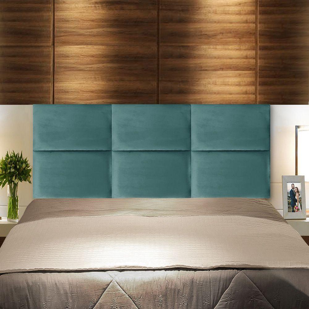 Cabeceira Estofada Painel Modulada Veludo Cama Box Casal - Shop Das Cabeceiras Ciano Escuro
