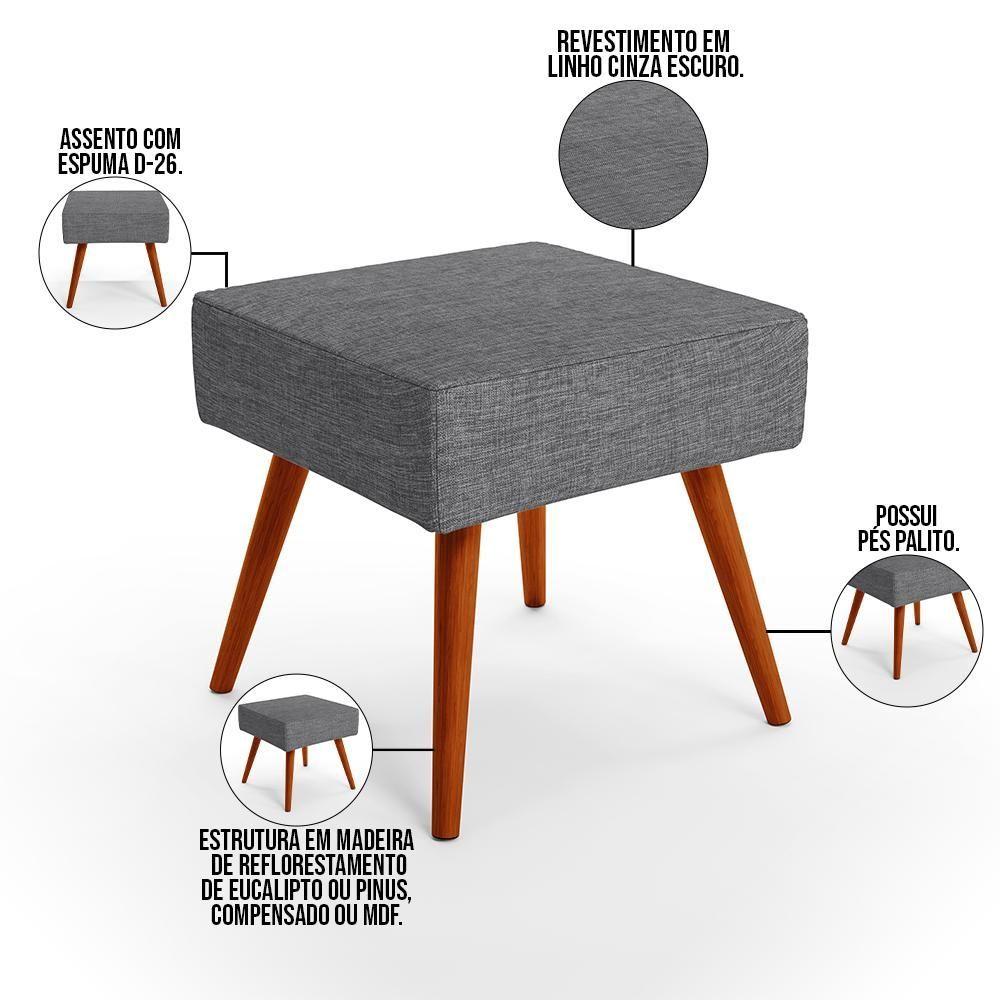 Miniatura Puff Banqueta Decorativa Com Pés Palito Linho Cinza Escuro