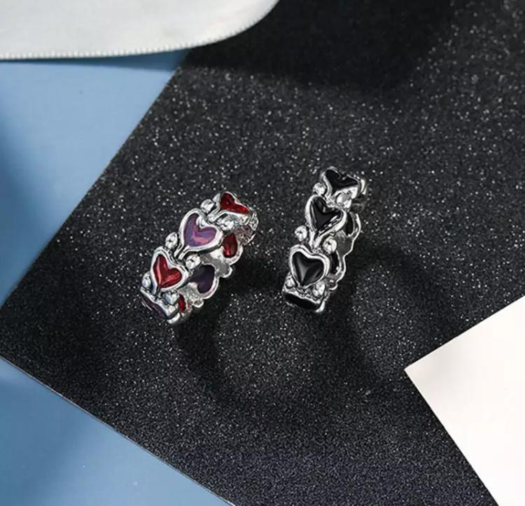 Miniatura Anel Formato Coração Prateado Colorido Vermelho Lilás
