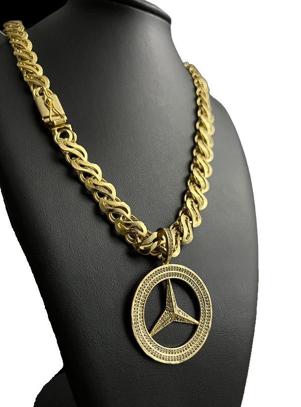 Miniatura Cordão Friso S Vazado 13Mm + Pingente Meca Banhado A Ouro