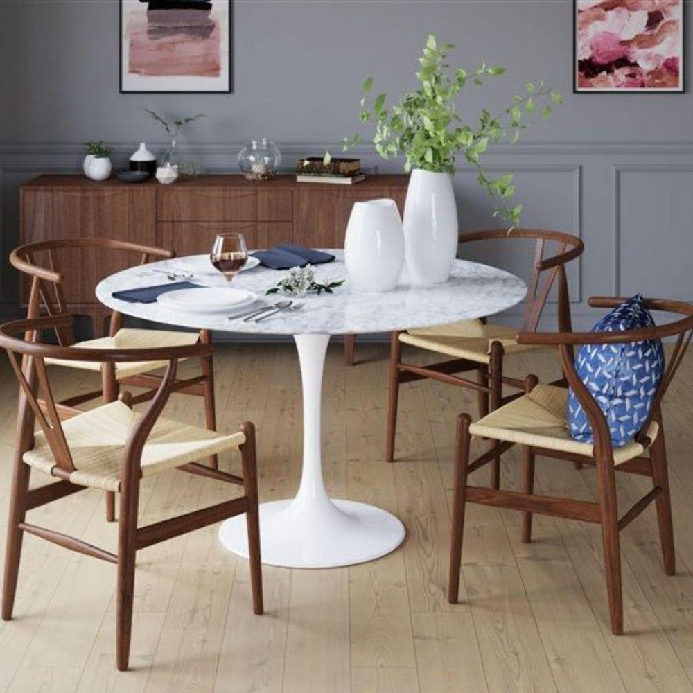 Miniatura Mesa De Jantar Tulipa Saarinen Redonda 110 Cm Mármore Carrara Base Branca