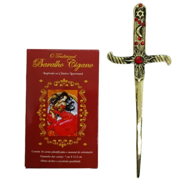 Miniatura Kit Baralho Cigano 36 Cartas + Athame Dourado
