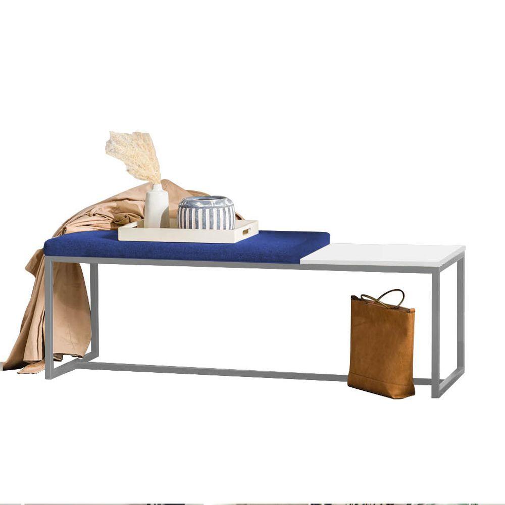 Miniatura Banco Recamier Puff 160cm Industrial Prata Sintético Azul Marinho Tampo Quadrado Mdf Branco